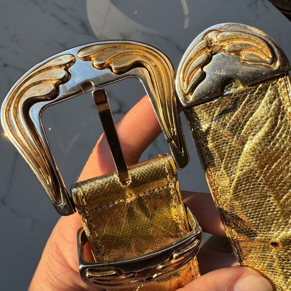 Vintage Emmanuel Genuine Reptile Metallic Gold Belt with Western Buckle - Picture 10 of 16